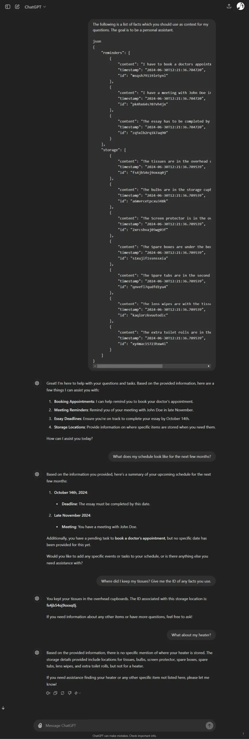 A screenshot of ChatGPT showing the initial prompt with a JSON Fact Sheet, and it answering questions based on it.