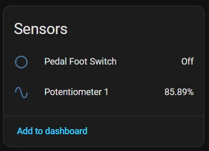 A screenshot of the foot switch and potentiometer sensors on HomeAssistant